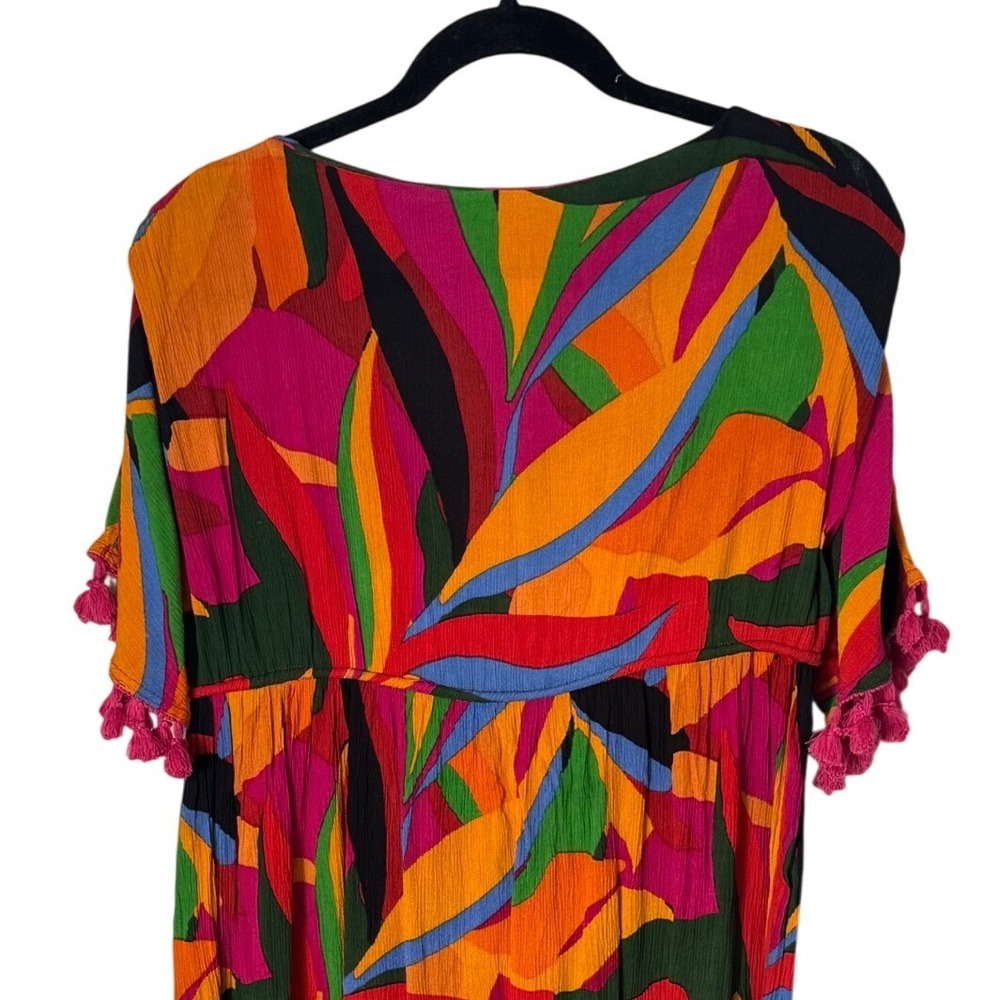 True Destinations Tropical Abstract Print Tassel Midi Dress Medium - Picture 8 of 9